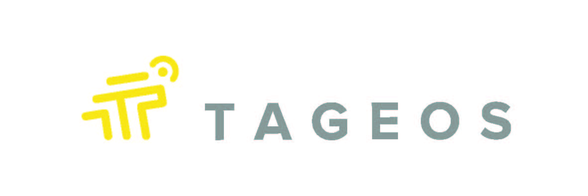 Yellow abstract logo next to the word "TAGEOS" in gray text.