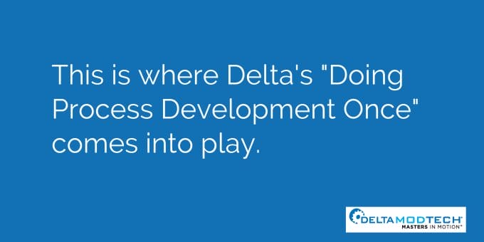 Text on blue background: Delta's "Doing Process Development Once" comes into play. DeltaModTech logo.
